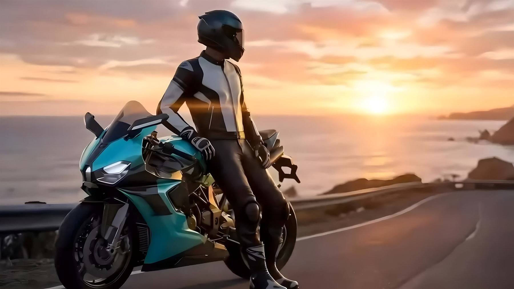 Guruma 1000 RR – Fahrer auf Küstenstraße bei Sonnenuntergang, Seitenansicht links in Türkis