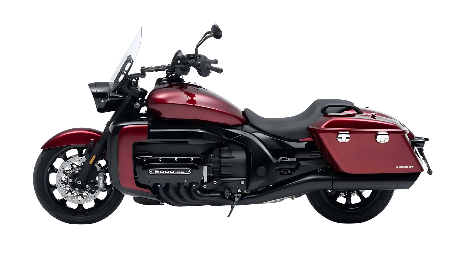 GWM Souo S2000CT - Dark red cruiser variant in side view with black saddlebags, small windscreen and 2000-cc eight-cylinder