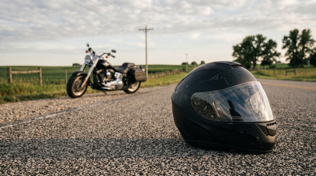 Schwarzer Integralhelm liegt auf einer Landstraße im US-Bundesstaat Michigan, im Hintergrund ein klassischer Cruiser im Harley-Davidson-Stil auf dem Seitenstreifen, Midwestern-Felder mit Holzzaun und Telegrafenmast, goldenes Abendlicht – Symbolbild zur Debatte um Helmpflicht und steigende Krankenhauskosten nach Motorradunfällen