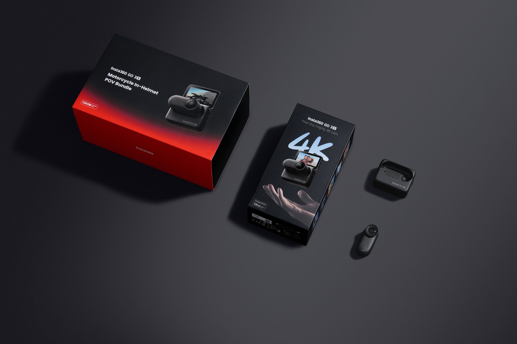 Insta360 GO 3S Motorcycle In-Helmet POV Bundle – Verpackungsinhalt mit Bundle-Box, GO 3S Einzelkarton, Kamera und Action Pod