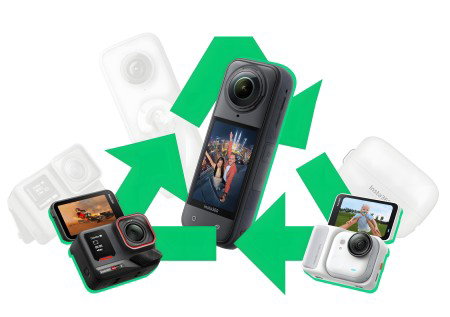 Insta360 Trade-In Programm – Verschiedene Insta360 Action-Kameras mit grünem Recycling-Symbol, darunter Insta360 X4, Insta360 GO 3S und Insta360 Ace Pro