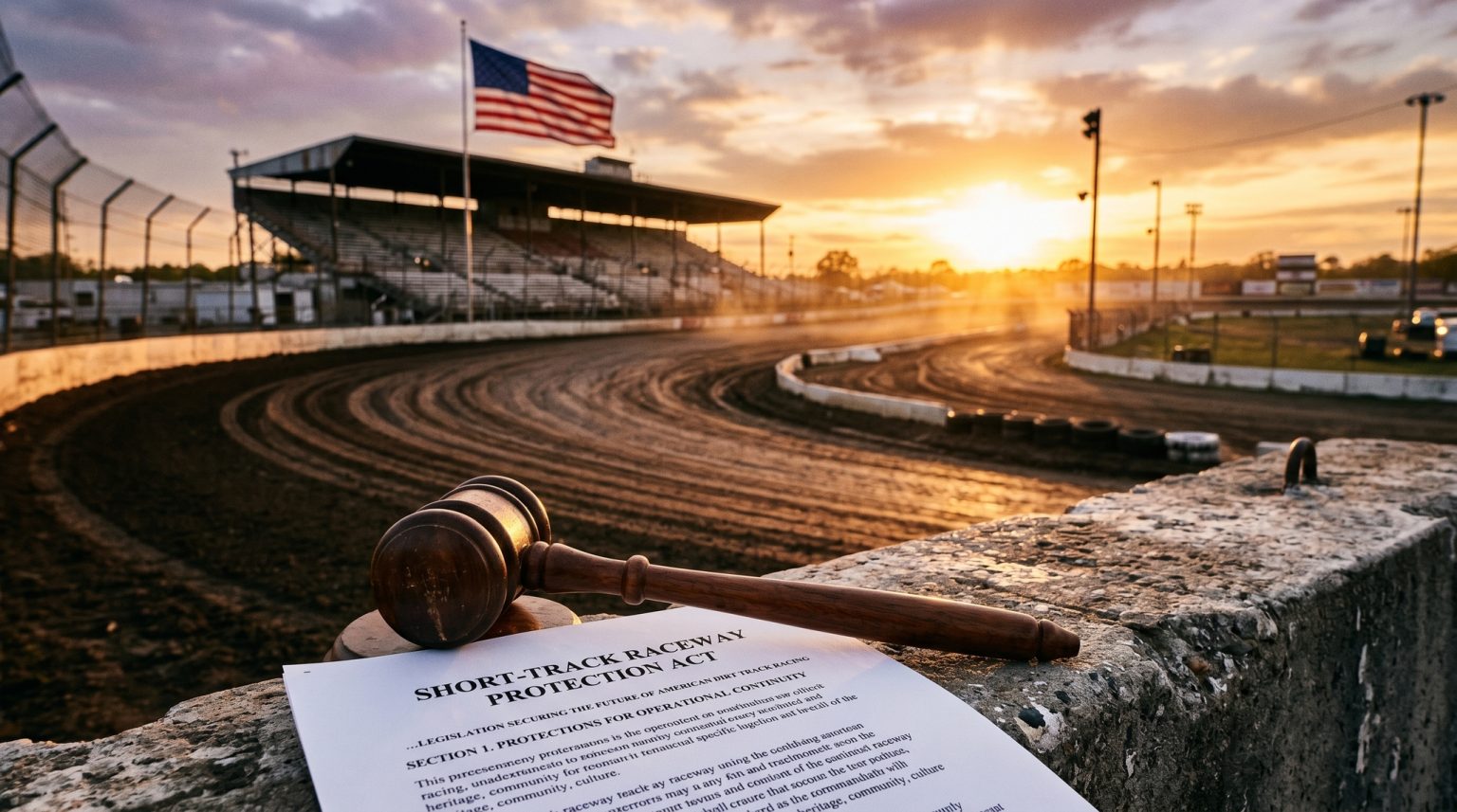 AI-generated image of an American dirt track oval speedway at golden hour with a judicial gavel on a concrete barrier, symbolizing the Kansas Motorsports Venue Protection Act protecting racetracks from noise complaints