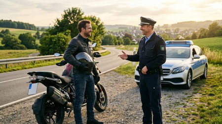 Entspanntes Abschlussgespraech zwischen selbstbewusstem Motorradfahrer und Polizist