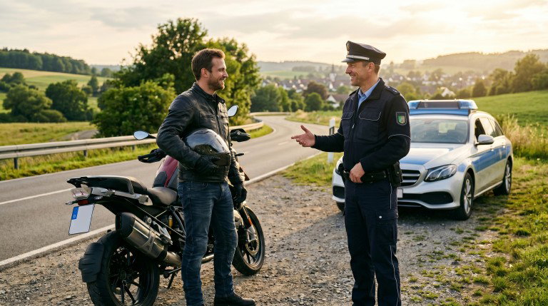 Entspanntes Abschlussgespraech zwischen selbstbewusstem Motorradfahrer und Polizist