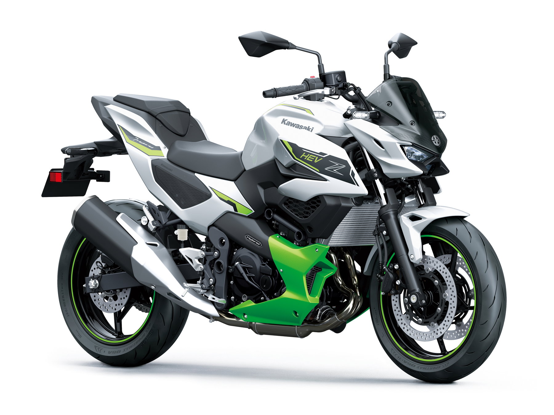 Kawasaki Ninja 7 Hybrid und Z7 Hybrid: Software-Update macht die Hybrid-Motorräder alltagstauglicher 1 Kawasaki Z7 Hybrid SE 2026 – Studioaufnahme Seitenansicht von rechts in Silber-Grün mit HEV-Z-Logo und Naked-Bike-Design