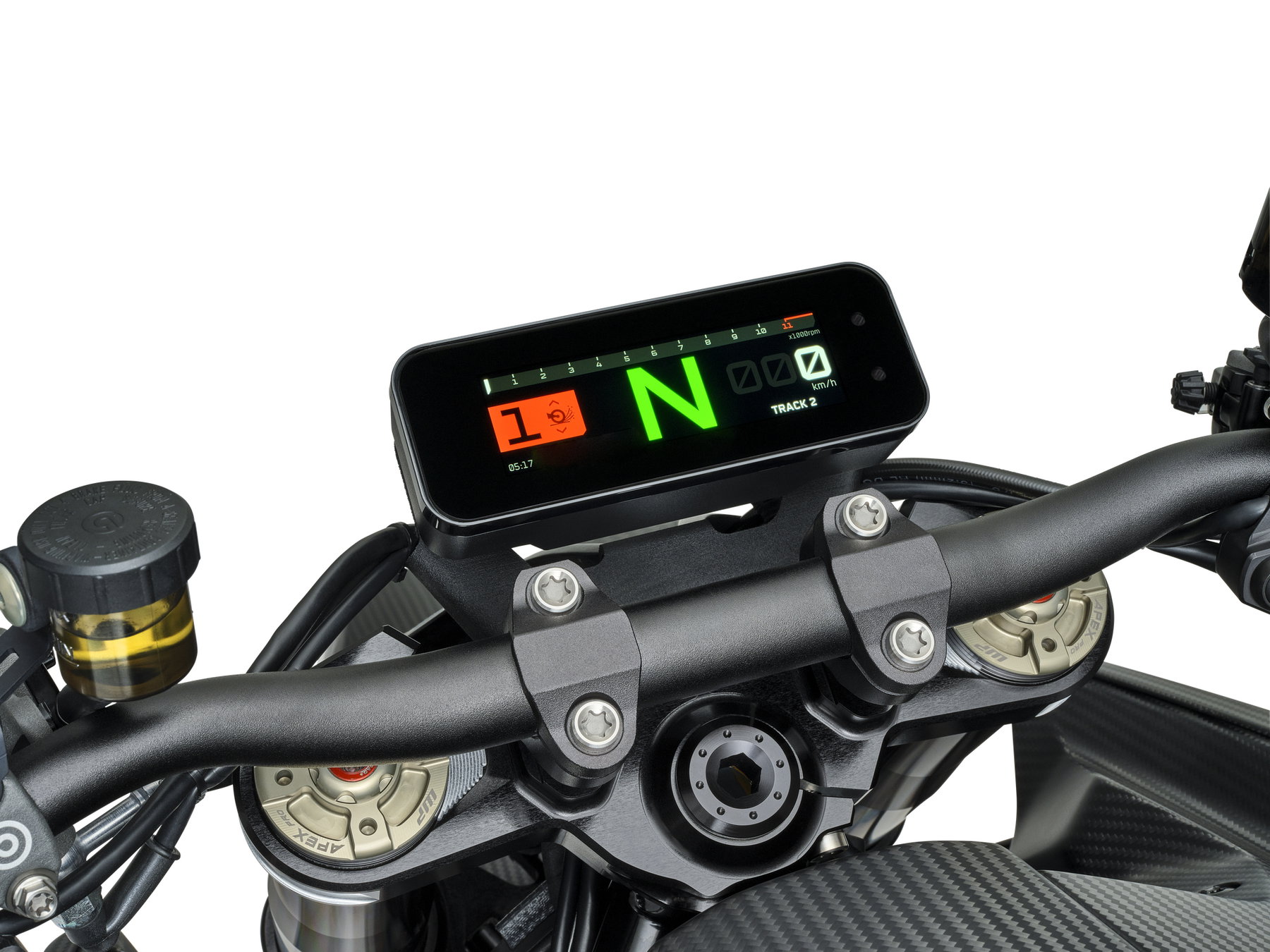 KTM 1390 Super Duke RR Track 2026 – Studioaufnahme schräg von vorn rechts mit Brembo-GP4-MS-Bremssätteln und 320-mm-Bremsscheiben