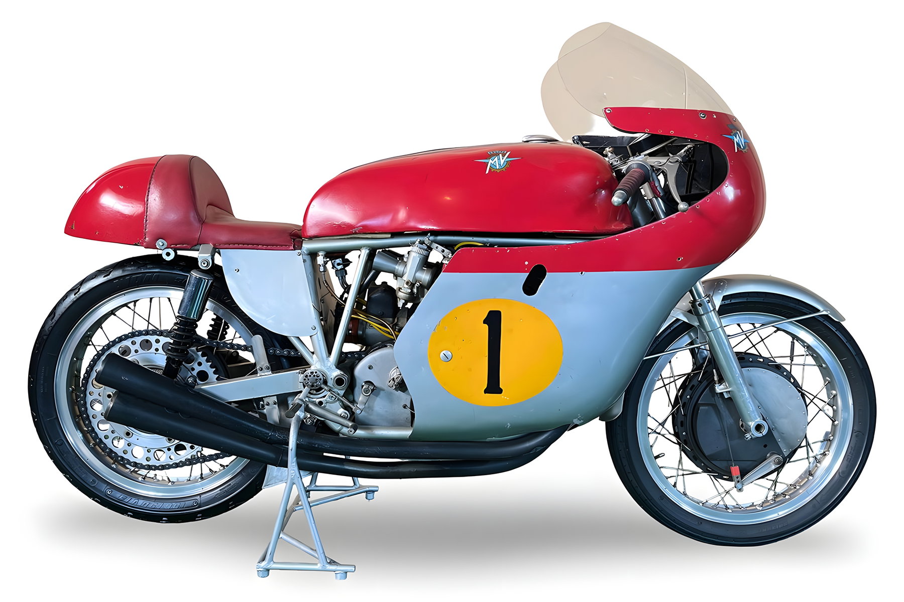 MV Agusta 500 Grand Prix von 1965 in Frontansicht, klassischer Rennmotorrad-Klassiker aus Varese