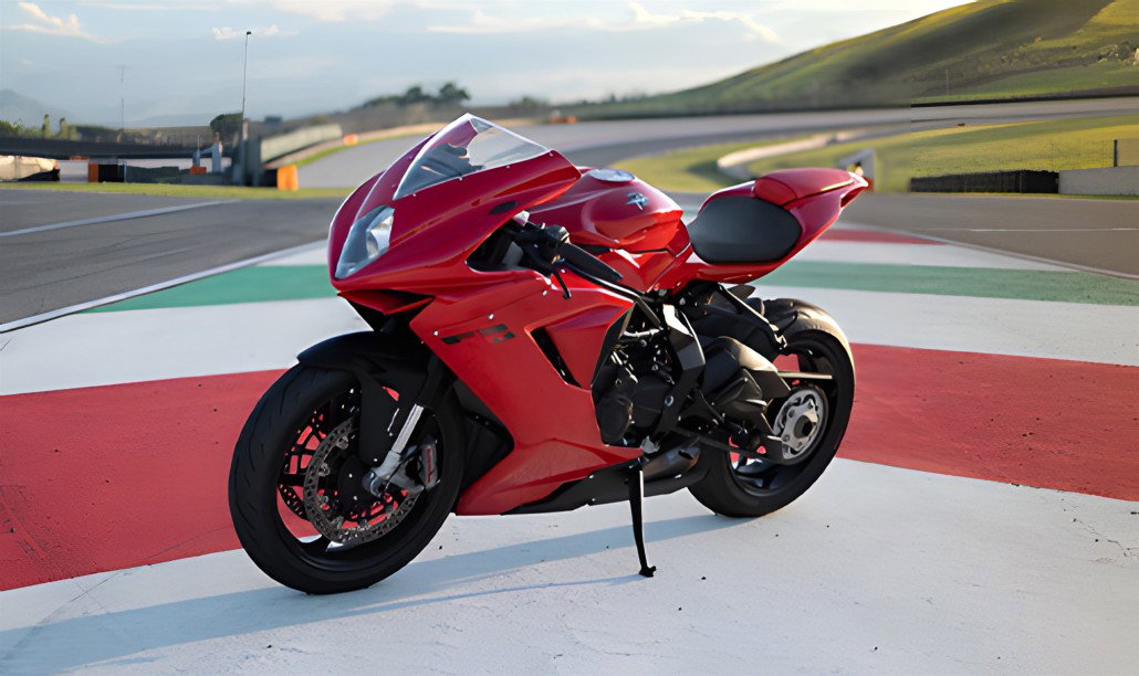 MV Agusta F3 R 2026 in Rosso standing on a race track with the Italian tricolore kerb marking, three-quarter view from the front right