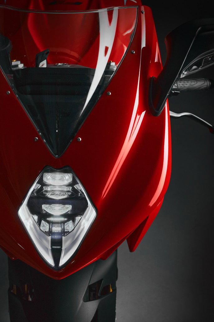 MV Agusta F3 R 2026 - detail view of the LED headlight with MV Agusta logo and red upper fairing