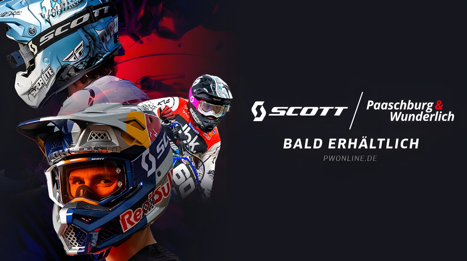 SCOTT Brillen bei Paaschburg & Wunderlich – Werbebanner Querformat mit Motocross-Helm und Rennfahrern mit SCOTT-Goggles, Webversion