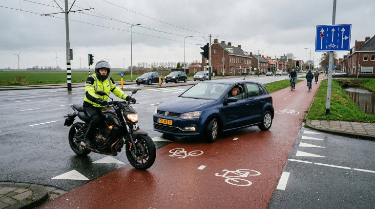 SWOV-Studie Motorradunfälle Niederlande – Motorradfahrer in Warnweste an niederländischer Kreuzung mit rotem Fahrradweg, Auto kreuzt den Weg bei nassem Wetter