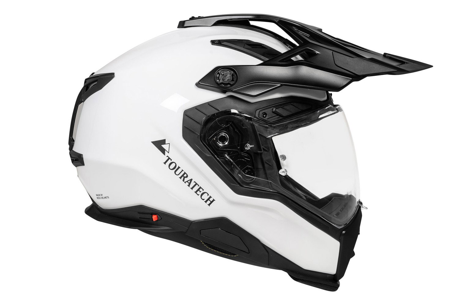 Touratech Aventuro Matrix PRO 2026 – Seitenansicht von links in Weiß mit X-MATRIX2 Multi-Composite-Schale, klarem Visier, integriertem Sonnenvisier und verstellbarem Helmschild vor weißem Hintergrund