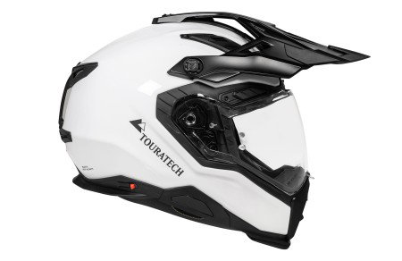 Touratech Aventuro Matrix PRO 2026 – Seitenansicht von links in Weiß mit X-MATRIX2 Multi-Composite-Schale, klarem Visier, integriertem Sonnenvisier und verstellbarem Helmschild vor weißem Hintergrund