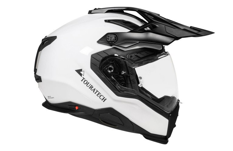 Touratech Aventuro Matrix PRO 2026 – Seitenansicht von links in Weiß mit X-MATRIX2 Multi-Composite-Schale, klarem Visier, integriertem Sonnenvisier und verstellbarem Helmschild vor weißem Hintergrund