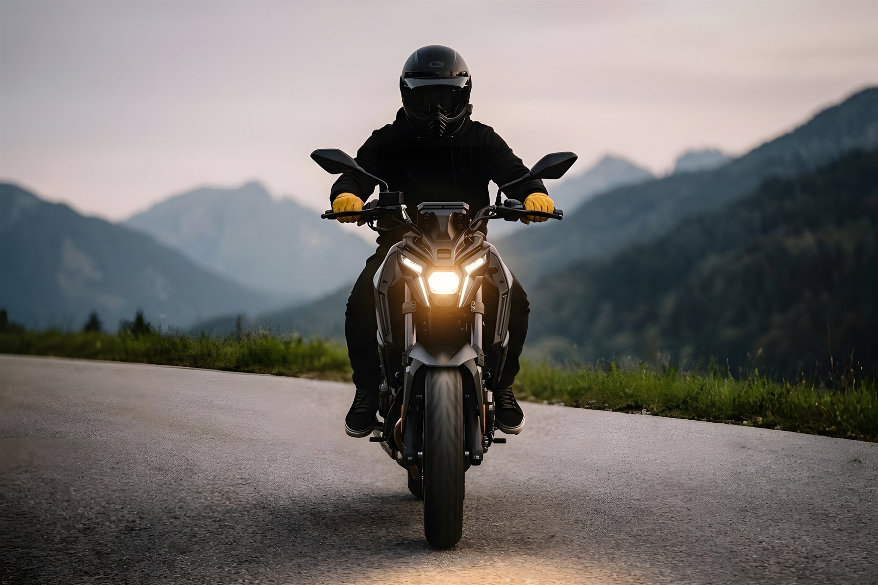 Voge R125S 2026 – Actionfoto frontal bei Dämmerung auf Bergstraße mit eingeschaltetem LED-Scheinwerfer und Bergpanorama im Hintergrund