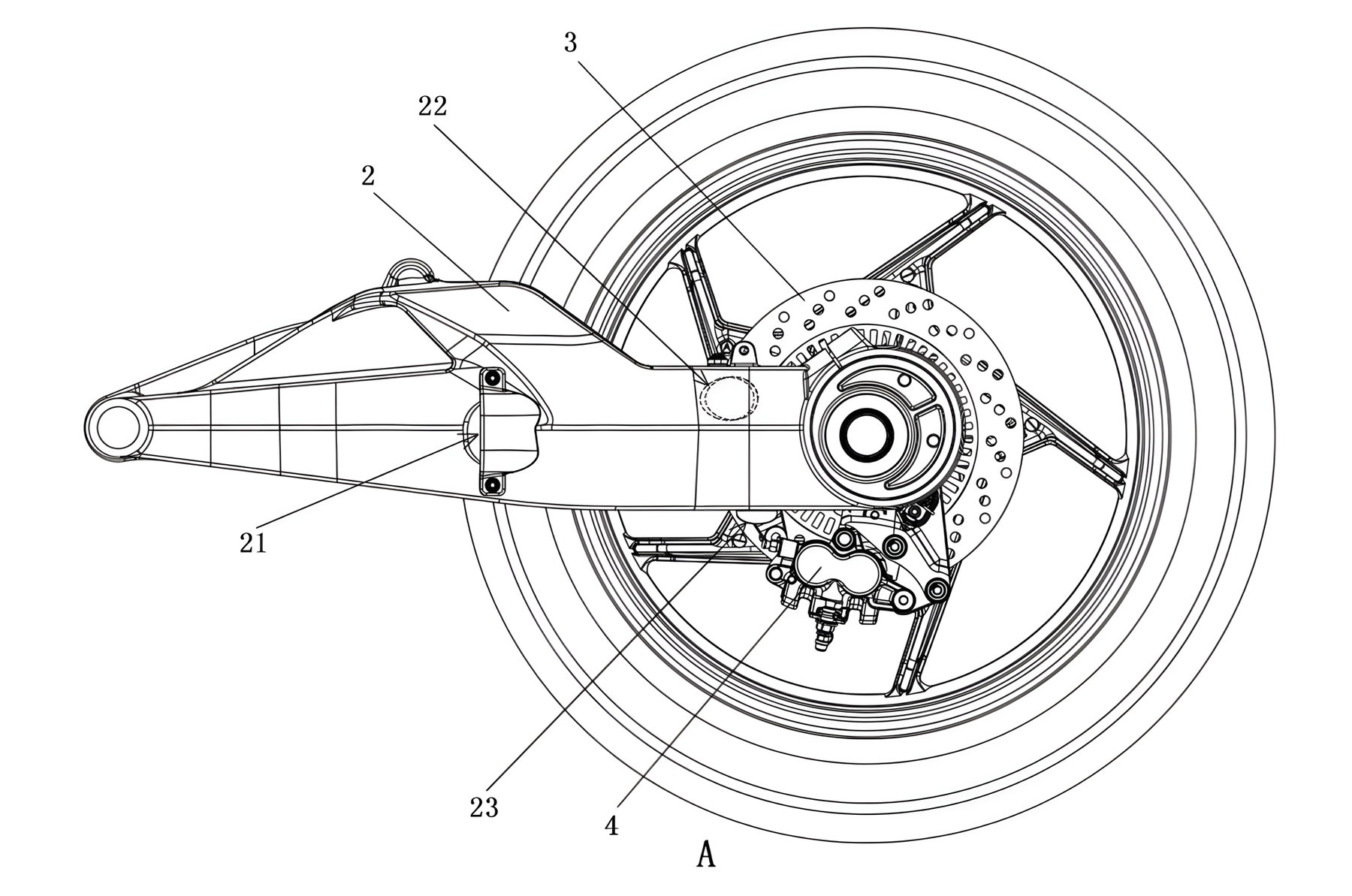 Voge RR500S 2026 – Patentzeichnung der Einarmschwinge mit Hinterrad, Bremsscheibe und Bremssattel sowie nummerierten Bauteilen des Luftkanals