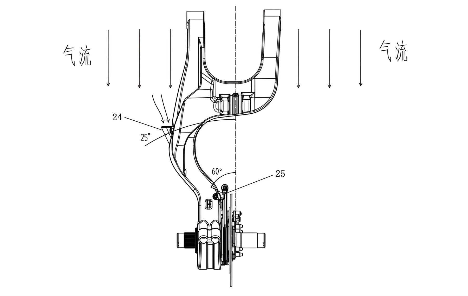 Voge RR500S 2026 – Patentzeichnung der hohlen Einarmschwinge im Schnitt mit Luftstrompfeilen und Winkelangaben zur Bremsenkühlung