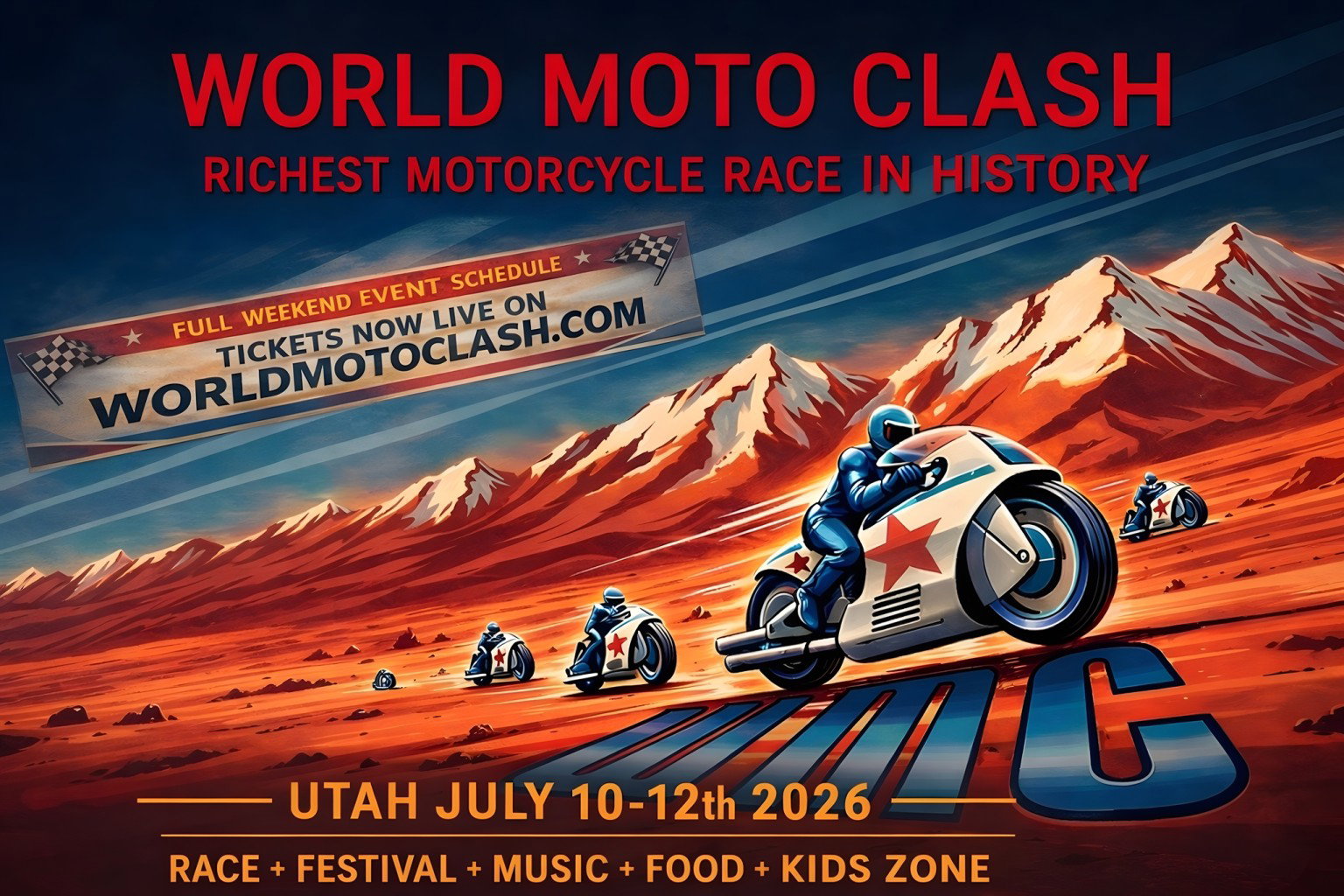 World Moto Clash 2026: Rennserie ohne Regeln, Preisgeld & Teams World Moto Clash 2026 – Event-Poster Richest Motorcycle Race in History, Utah 10. bis 12. Juli 2026