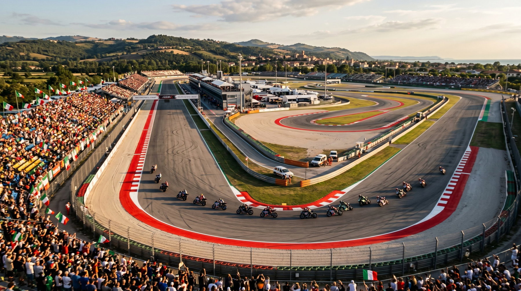 Luftaufnahme des Misano World Circuit Marco Simoncelli waehrend eines WorldSBK-Rennwochenendes mit Superbikes in einer schnellen Kurve bei goldenem Abendlicht.