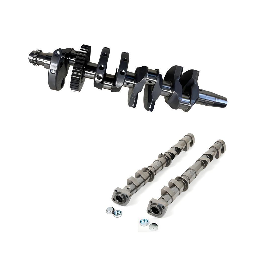 Yamaha R6 Crossplane Ten Kate – Crossplane-Kurbelwelle mit Wolfram-Gegengewichten und zwei Nockenwellen auf weißem Hintergrund