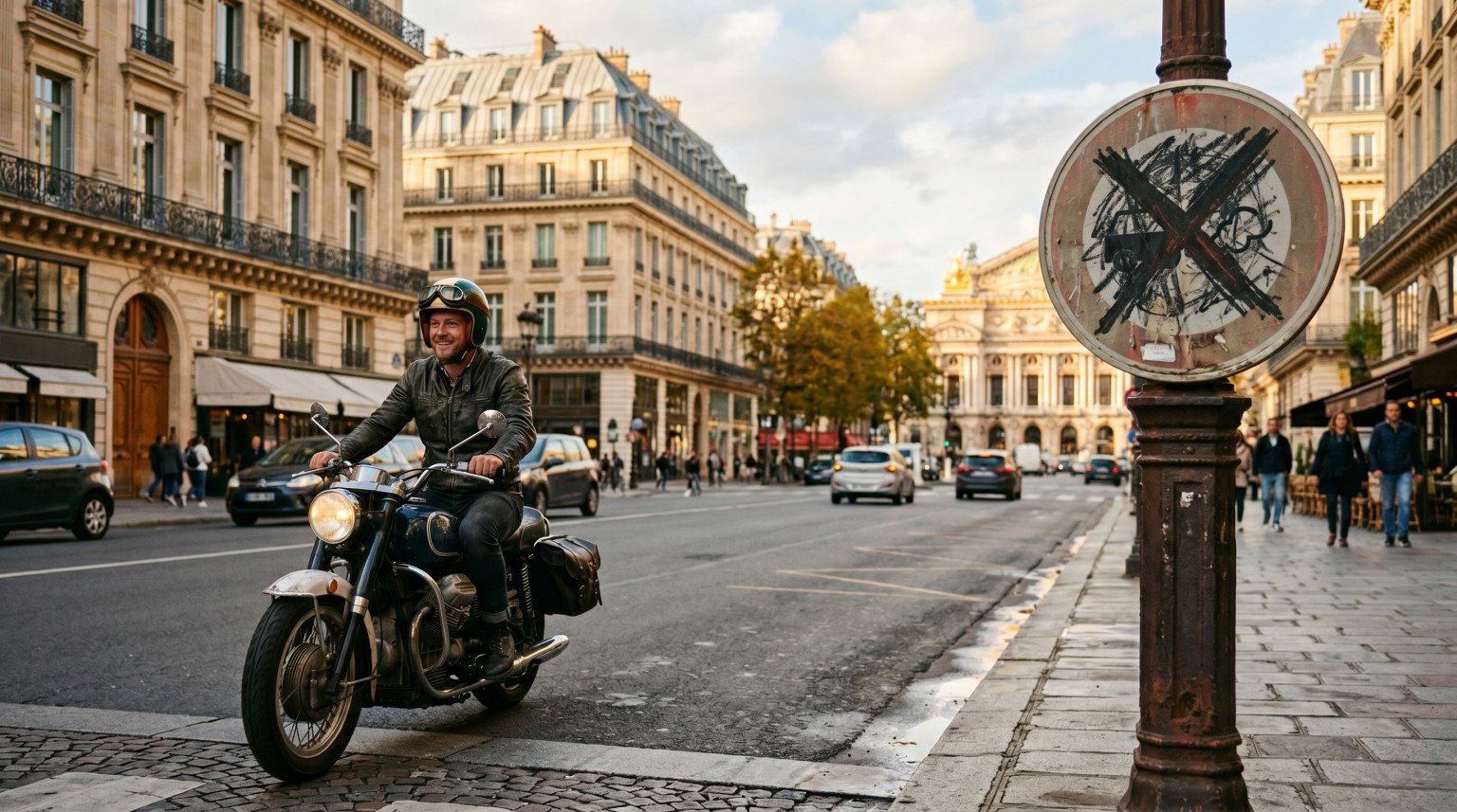 ZFE Abschaffung Frankreich – Motorradfahrer auf einer Pariser Straße vor Haussmann-Architektur, durchgestrichenes Umweltzonen-Schild im Vordergrund