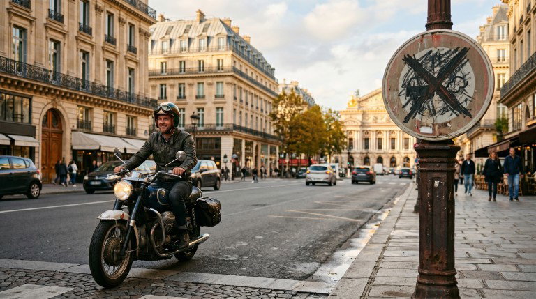 ZFE Abschaffung Frankreich – Motorradfahrer auf einer Pariser Straße vor Haussmann-Architektur, durchgestrichenes Umweltzonen-Schild im Vordergrund