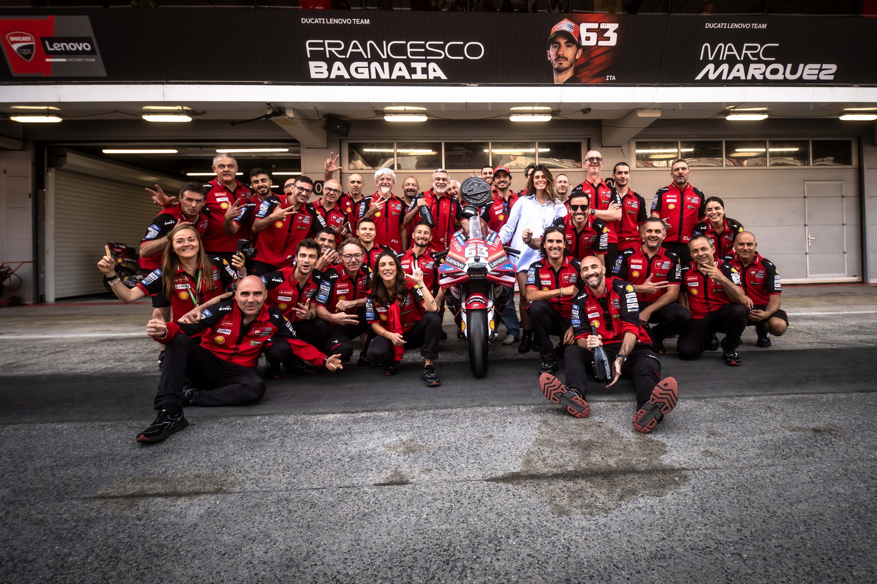 Ducati Lenovo Team group photo in front of the pit box at the MotoGP Catalunya GP Barcelona 2026