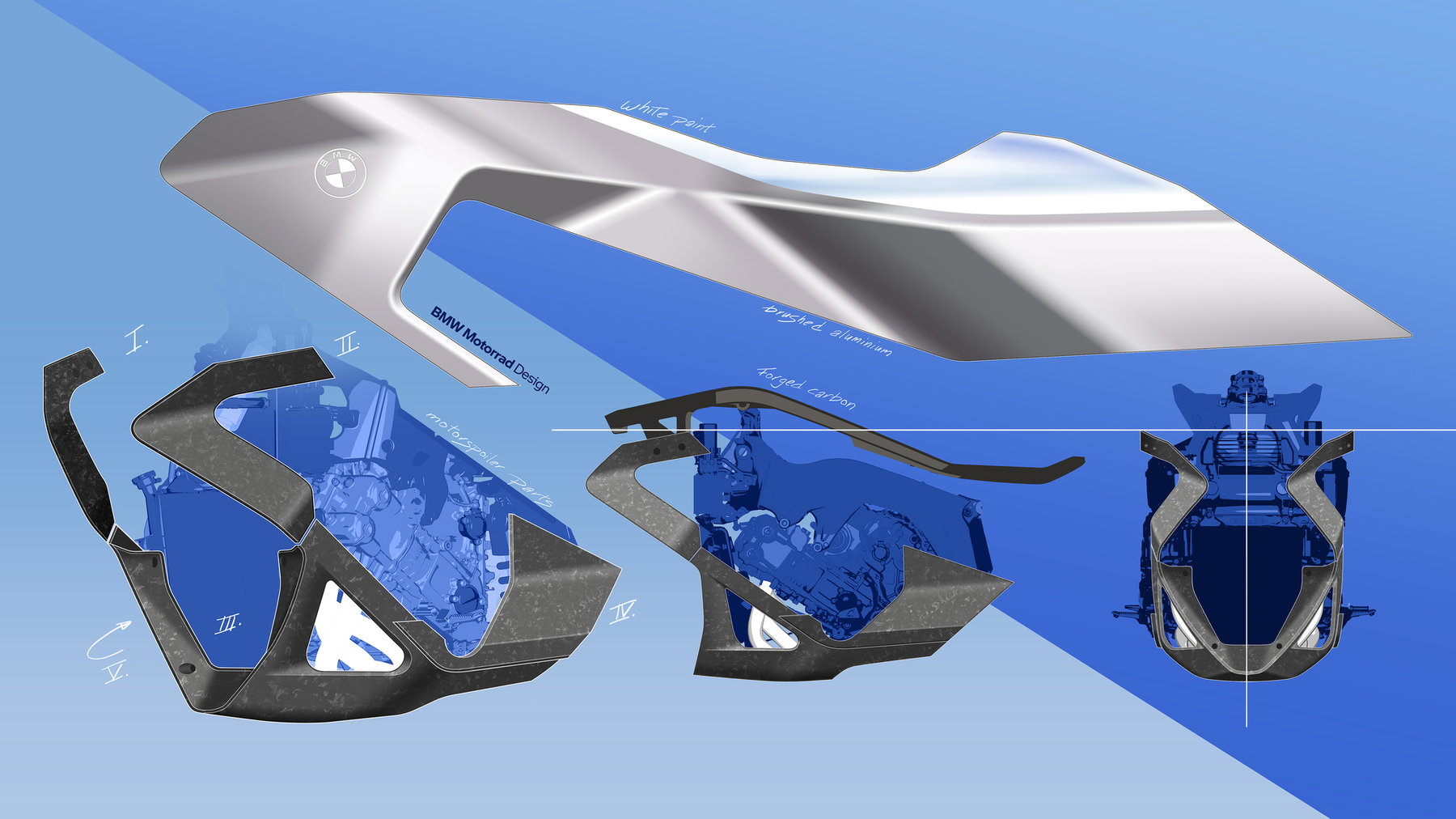 BMW Motorrad Vision K18 – design study of the hand-shaped aluminum side panel with forged carbon parts and assembly steps