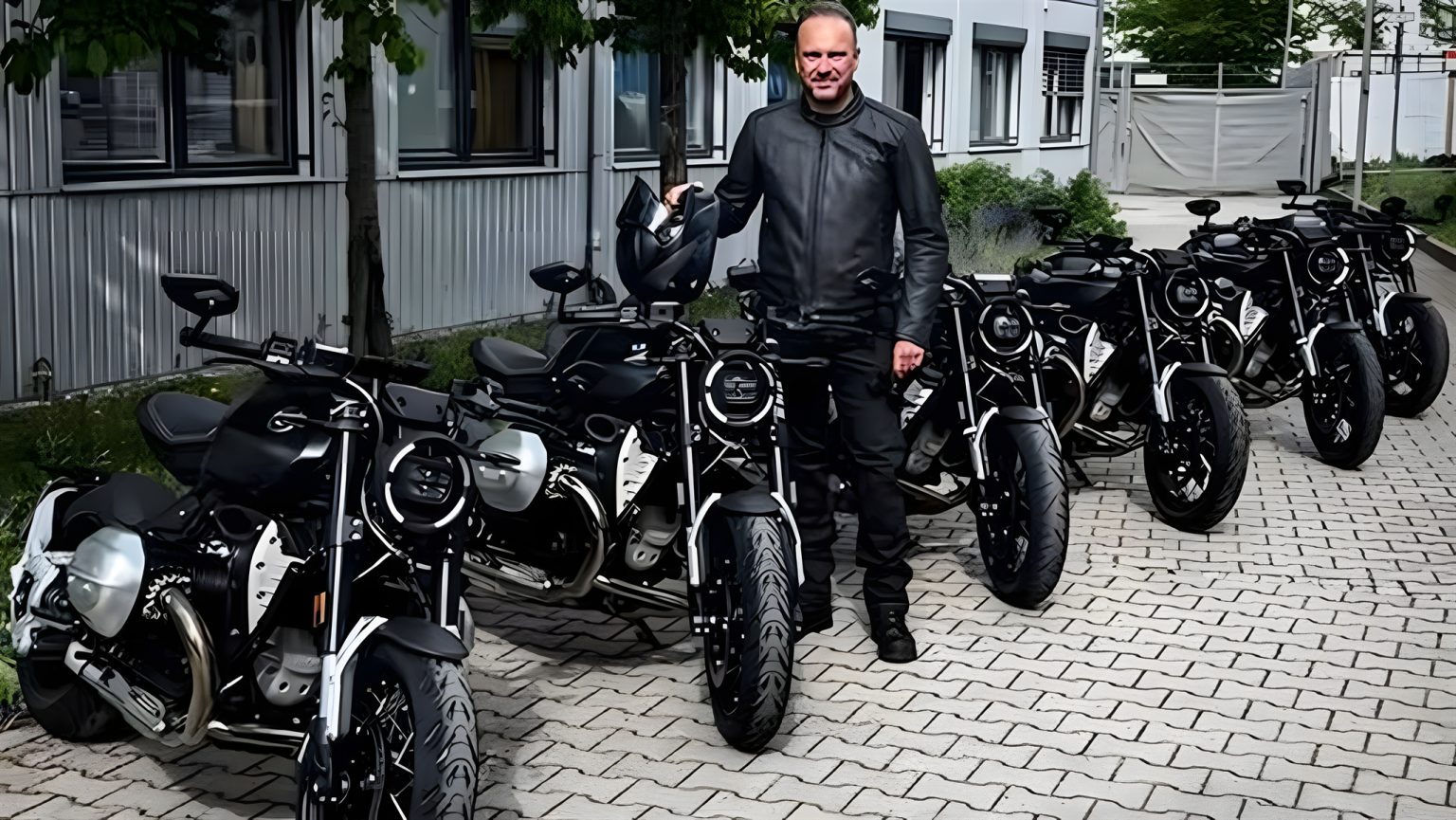 BMW R20: Sechs Testexemplare zeigen den Big-Boxer-Roadster kurz vor der Serie BMW-Motorrad-Chef Markus Flasch posiert mit sechs mattschwarzen BMW R20 Testexemplaren auf dem BMW-Werksgelände in München