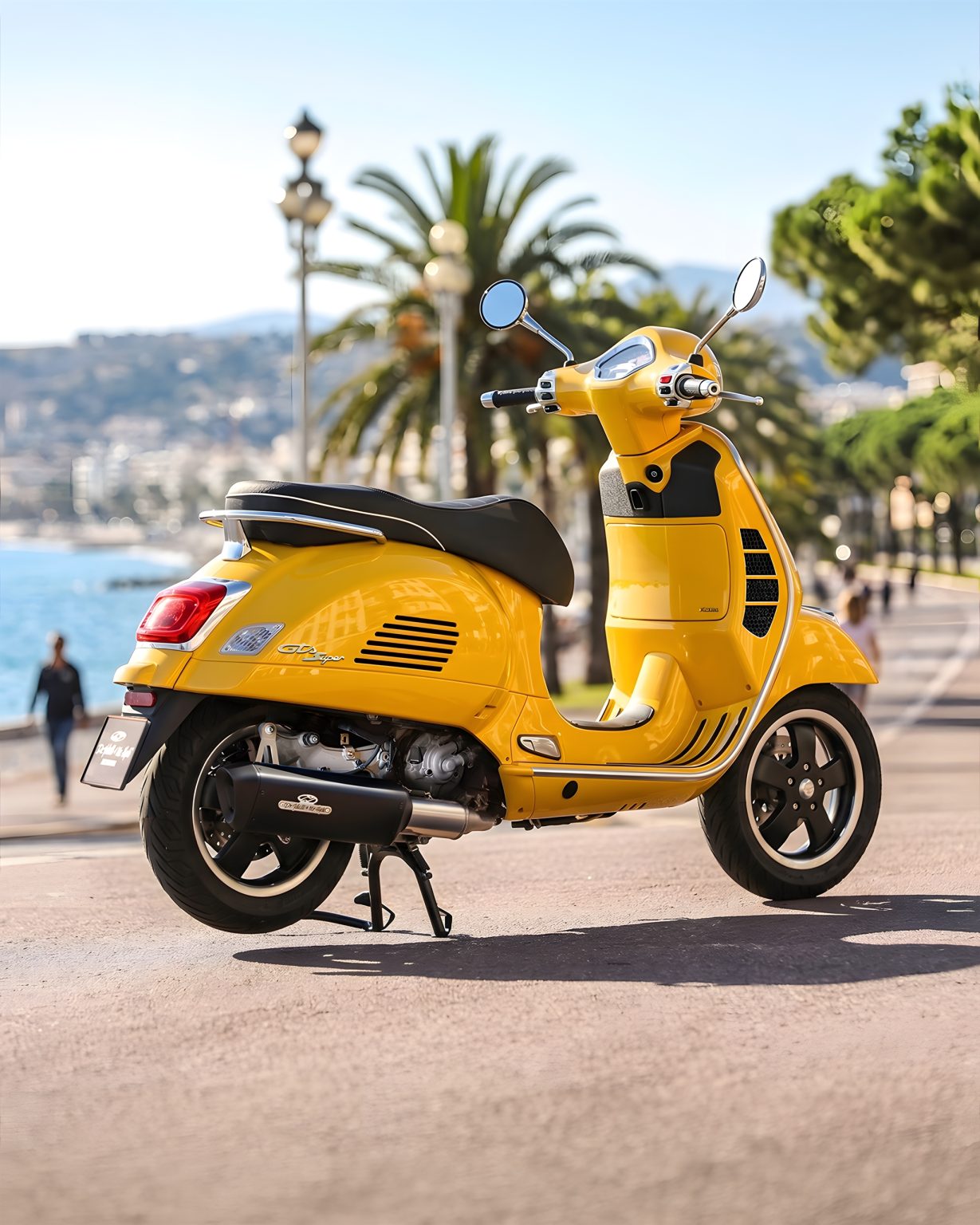 Vespa GTS 300 Super in Gelb mit Dr. Jekill & Mr. Hyde Forte Auspuff – Seitenansicht von schräg hinten an mediterraner Uferpromenade mit Palmen