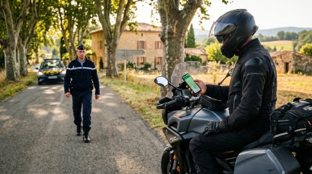 Motorradfahrer in schwarzer Schutzkleidung auf dunklem Tourenrad hält Smartphone in der Hand, während ein französischer Gendarm in dunkelblauer Uniform auf ihn zugeht – platangesäumte Landstraße in Südfrankreich mit Gendarmerie-Fahrzeug im Hintergrund