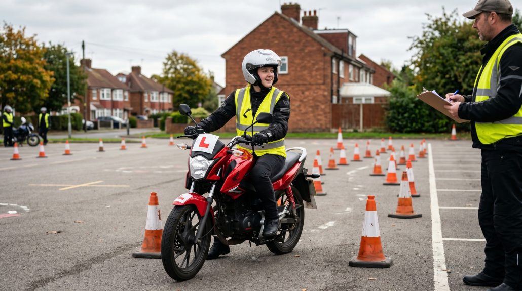 Britische Motorrad-Fuehrerscheinausbildung – Fahrschuelerin mit L-Plate auf rotem 125cc-Motorrad auf CBT-Uebungsplatz mit orangefarbenen Pylonen, Fahrlehrer mit Klemmbrett in Warnweste, typisch britische Backstein-Wohnsiedlung im Hintergrund bei bedecktem Himmel