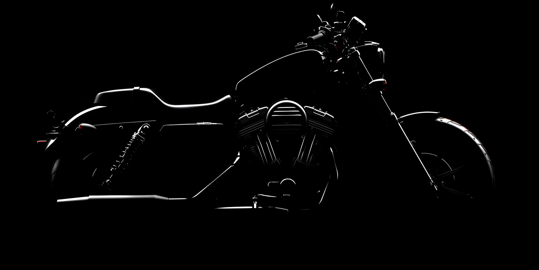 Harley-Davidson Back to the Bricks 2026 – Silhouette-Zeichnung der neuen 883 Sportster mit klassischem Cruiser-Design