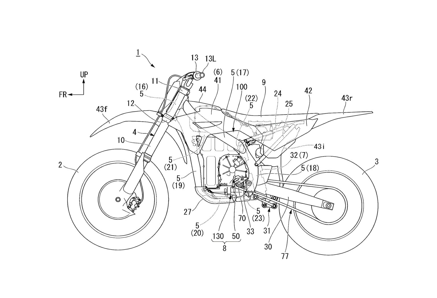 Honda CR Electric Proto Patentzeichnung – Seitenansicht des kompletten Elektro-Motocross-Motorrads mit nummerierter Komponentenübersicht: Elektromotor, Batteriepaket, Aluminium-Brückenrahmen, USD-Gabel und Einarmschwinge