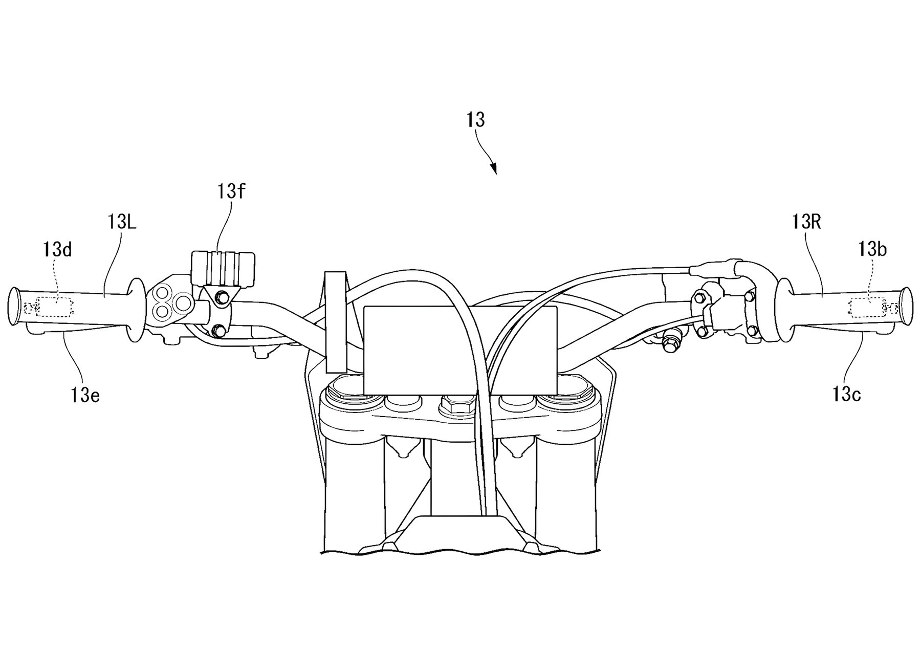 Honda CR Electric Proto Patentzeichnung – Draufsicht auf die Lenkereinheit mit Pseudo-Kupplungshebel links, Gasgriff rechts, Bremshebel, Display und Positionen der drei Vibrationsmotoren