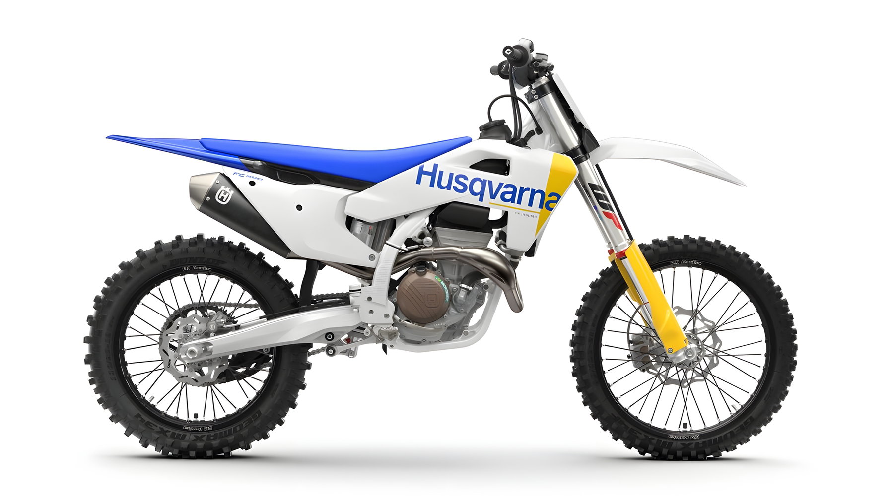 Husqvarna FC 350 2027 – Seitenansicht im Studio, Viertakt-Motocross mit Einzylinder, weiß-blaues Design mit gelber WP Gabel, Dunlop Reifen