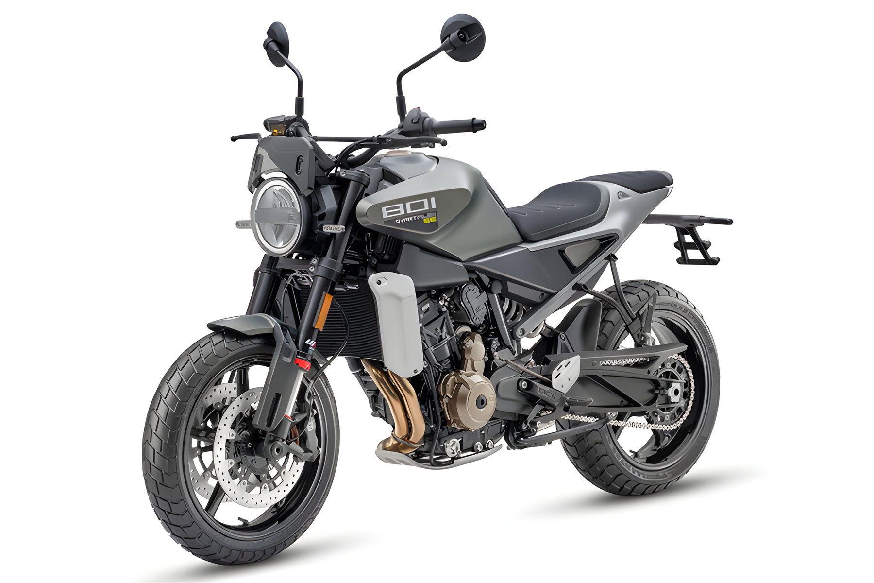 Husqvarna Svartpilen 801 SE 2027 – Frontansicht schräg links mit Rundscheinwerfer, USD-Gabel und Bremsanlage im Detail