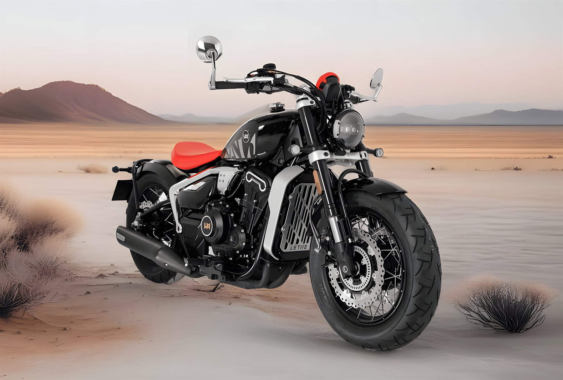 Letbe Punk 500: Chinesischer Bobber fordert die A2-Klasse ab 6.100 Euro heraus 4 Letbe Punk 500 2026 -- Dreiviertelansicht von vorne rechts in Steel Shadow Black mit LED-Scheinwerfer und Kuehlergitter vor Wuestenkulisse bei Sonnenuntergang