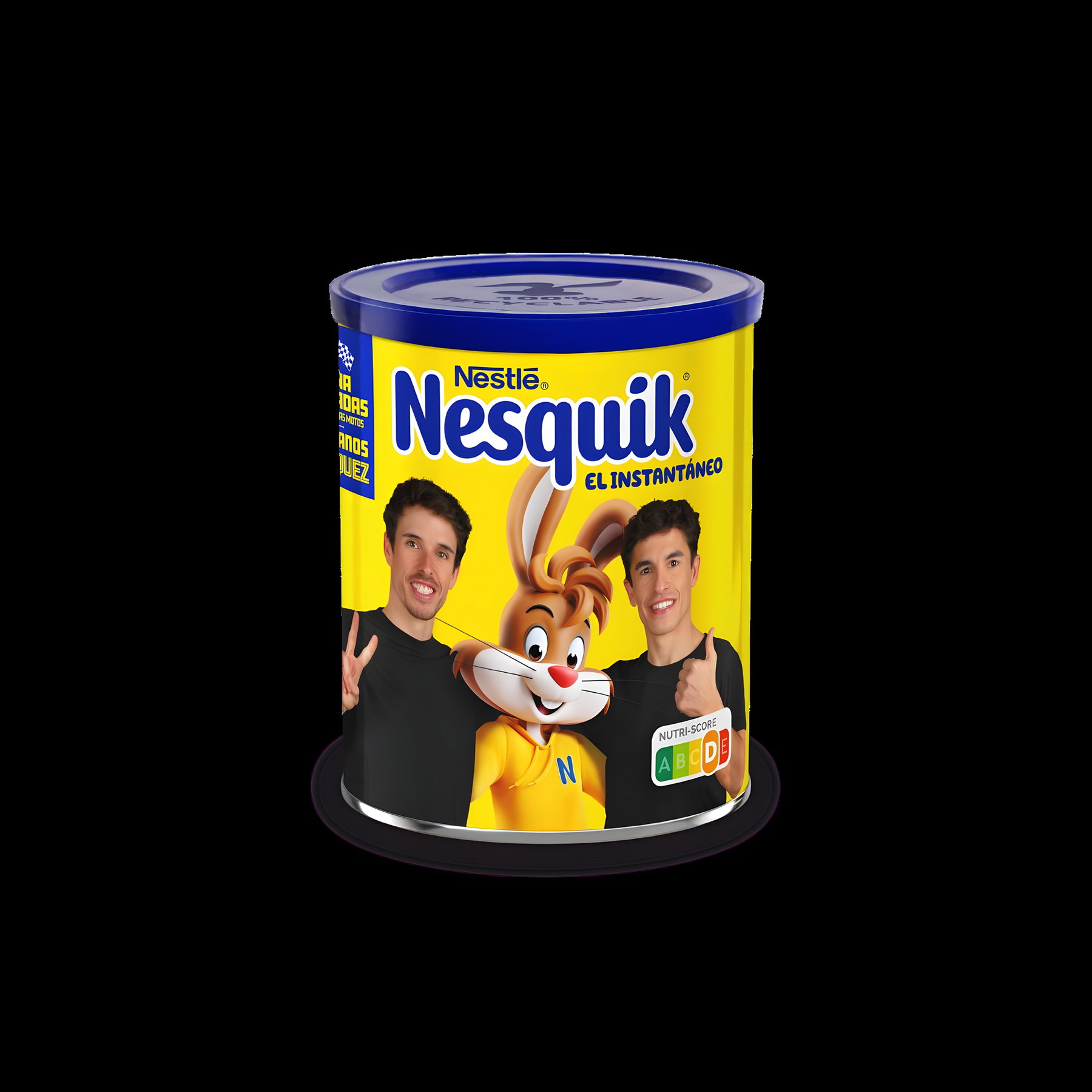 Limitierte Nesquik-Dose mit Marc und Alex Marquez sowie Nesquik-Hase auf gelbem Etikett, Produktansicht vor schwarzem Hintergrund