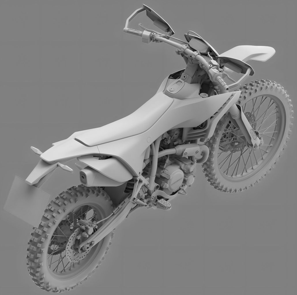 Morbidelli T125WR Designregistrierung 2026 – 3D-Rendering Dreiviertelansicht von vorne rechts, Enduro-Design mit Stollenreifen und Handschützern auf cyanfarbenem Hintergrund