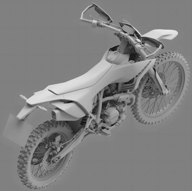Morbidelli T125WR Designregistrierung 2026 – 3D-Rendering Dreiviertelansicht von vorne rechts, Enduro-Design mit Stollenreifen und Handschützern auf cyanfarbenem Hintergrund