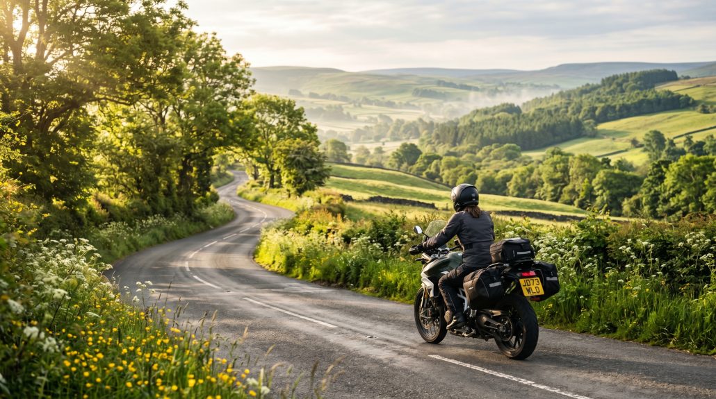 Motorradfahrer auf kurviger Landstraße durch grüne Hügellandschaft bei Morgensonne – Sinnbild für Stressabbau und psychisches Wohlbefinden durch Motorradfahren
