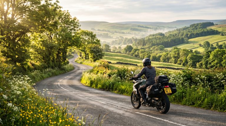 Motorradfahrer auf kurviger Landstraße durch grüne Hügellandschaft bei Morgensonne – Sinnbild für Stressabbau und psychisches Wohlbefinden durch Motorradfahren