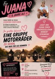 Charity-Flyer Für Juana – Aufruf zum Motorradkorso am 16. Mai 2026 für die achtjährige Juana mit schwerem Hirntumor, Treffpunkt Raststätte Heidenfahrt Nord um 10 Uhr, mit Foto von Juana und Motorradfahrern im Abendlicht