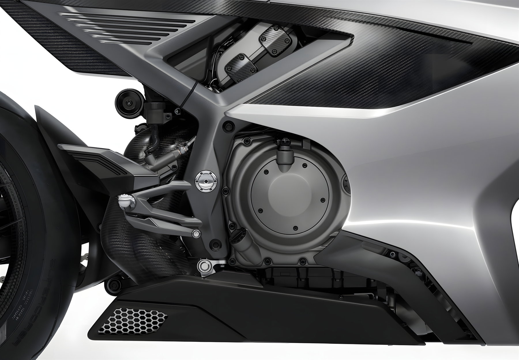 Norton Manx R 2026 – V4-Motor und Rahmen Detailansicht mit Schwingenlagerung und Auspuffkrümmer