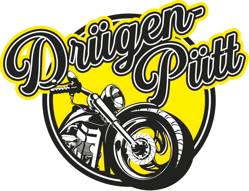 Logo des Drügen Pütt Bikertreffs in Haltern am See – runder Aufkleber mit Motorrad-Illustration in Schwarz-Weiß und gelbem Hintergrund mit Schriftzug Drügen Pütt