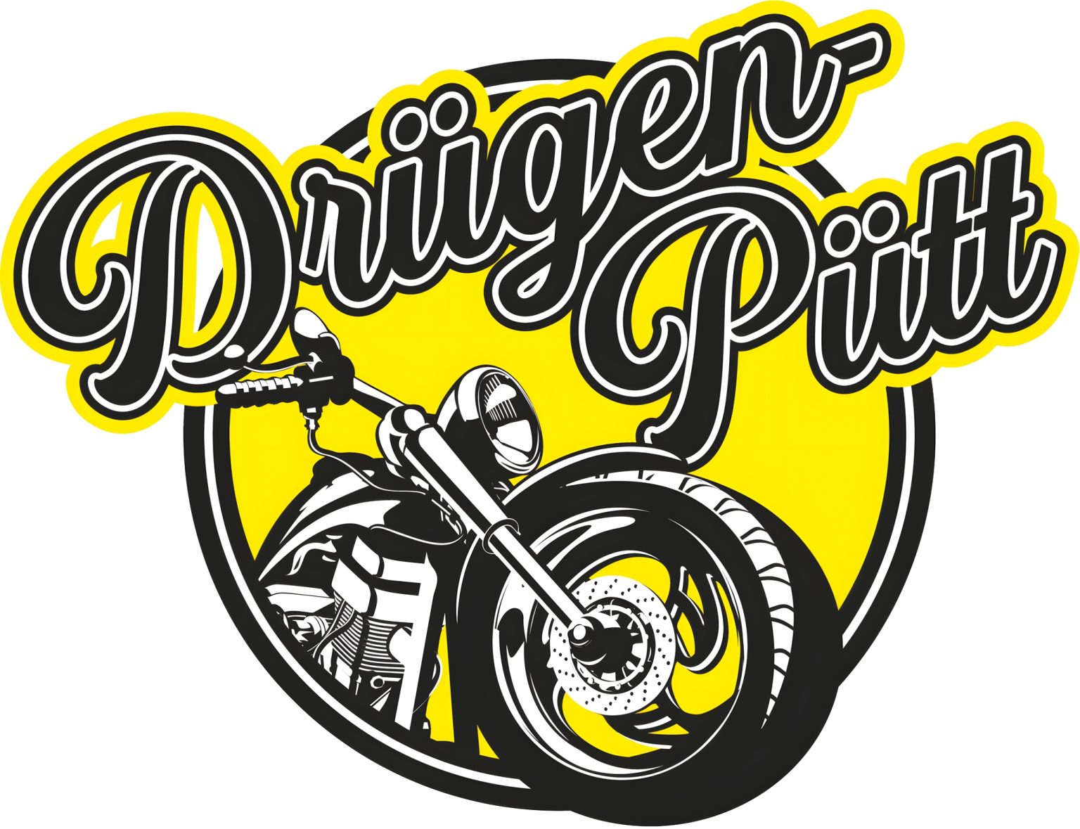 Logo des Drügen Pütt Bikertreffs in Haltern am See – runder Aufkleber mit Motorrad-Illustration in Schwarz-Weiß und gelbem Hintergrund mit Schriftzug Drügen Pütt