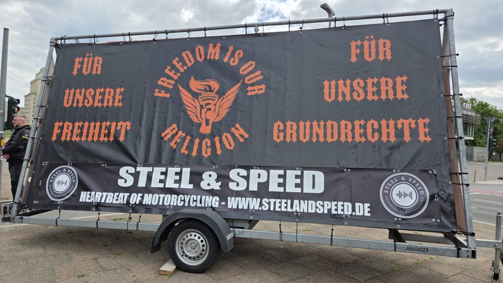 Steel & Speed 2026 – Demonstration trailer with black banner reading For Our Freedom, For Our Fundamental Rights and Freedom is our Religion logo