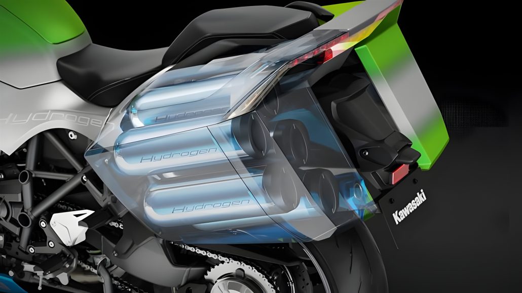 Wasserstoff-Kreislaufmotor 2026 – Kawasaki Wasserstoff-Motorrad Konzeptdarstellung mit transparenter Ansicht der drei zylindrischen Wasserstofftanks unter der Sitzbank in grün-silbernem Design