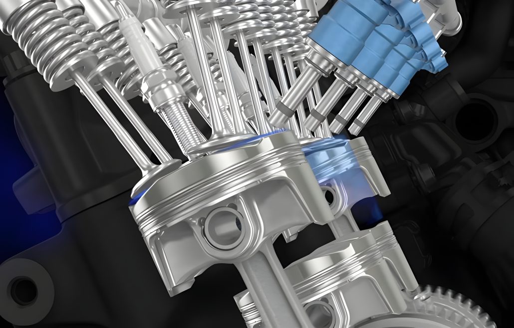 Wasserstoff-Kreislaufmotor 2026 – Kawasaki Wasserstoff-Direkteinspritzung 3D-Schnittzeichnung mit Kolben, Ventilen und blauen Injektoren im Zylinderkopf